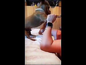 A tender moment between a redhead and her dog