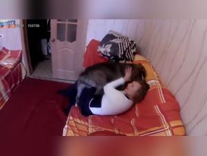 Young lesbian woman films her fuck with the dog in the streets of Moscow
